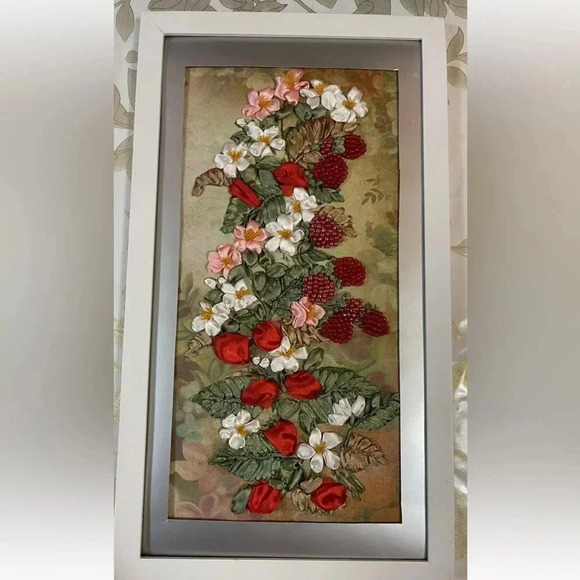 Handmade Beaded And Lace Embroidery Picture Art Decor Raspberry 9”x17” - Picture 1 of 5